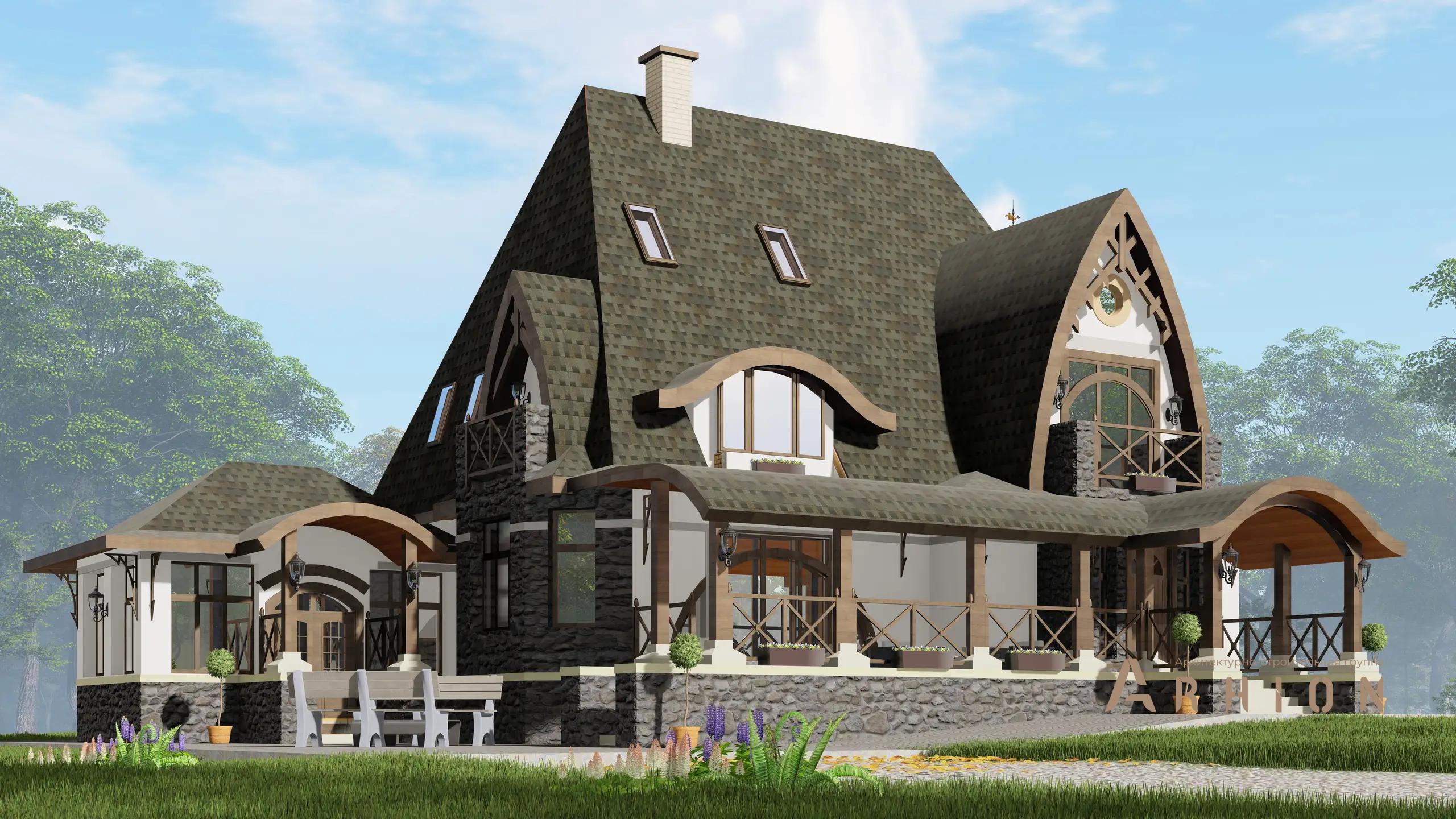 7. Проект двухэтажного дома в стиле модерн с многоскатной кровлей, H-1300, площадью - 301 кв c мансардой, терассой, эркером